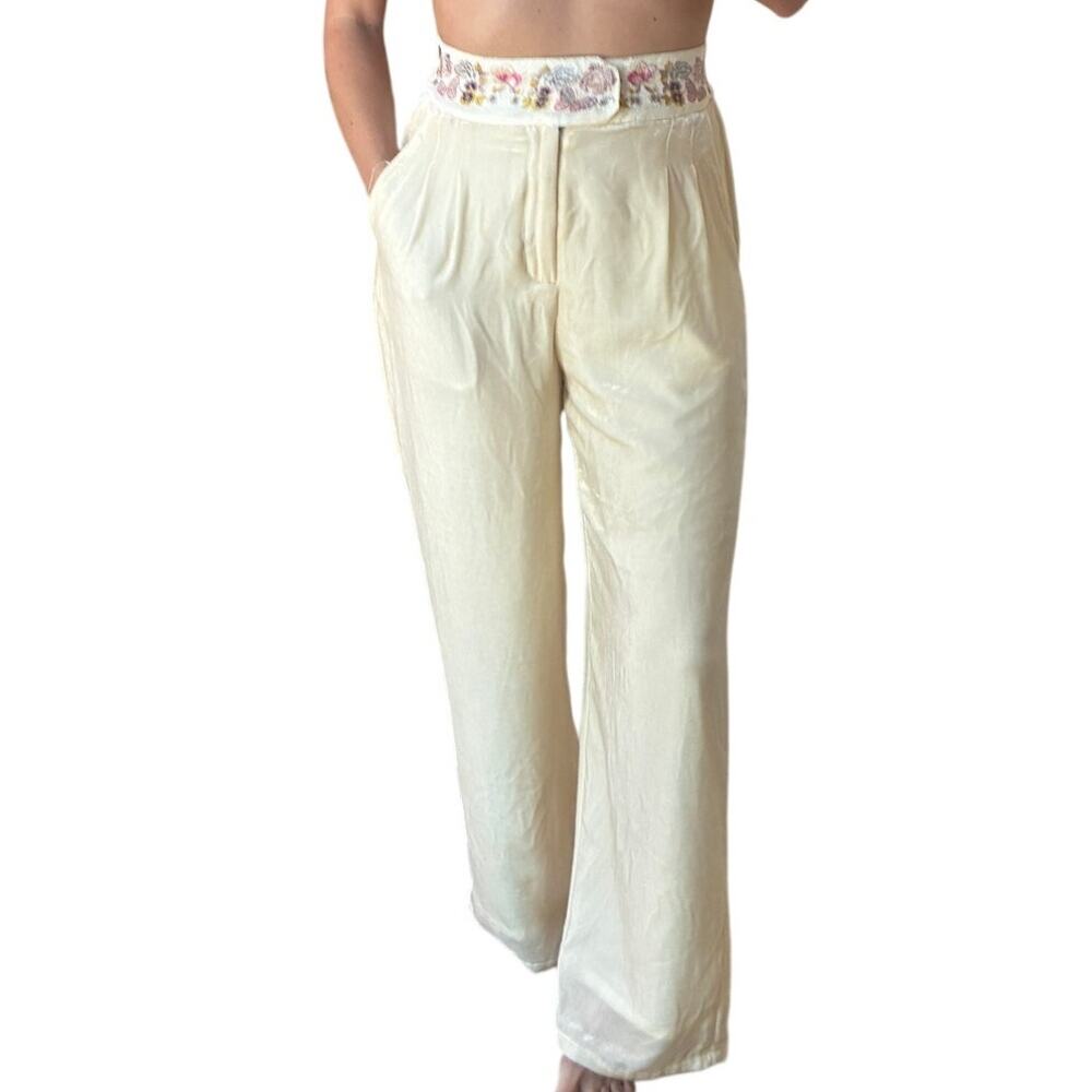 Floral Butterfly Embroidered Cream High Waist Silk Velour Wide Leg Trouser Sz S